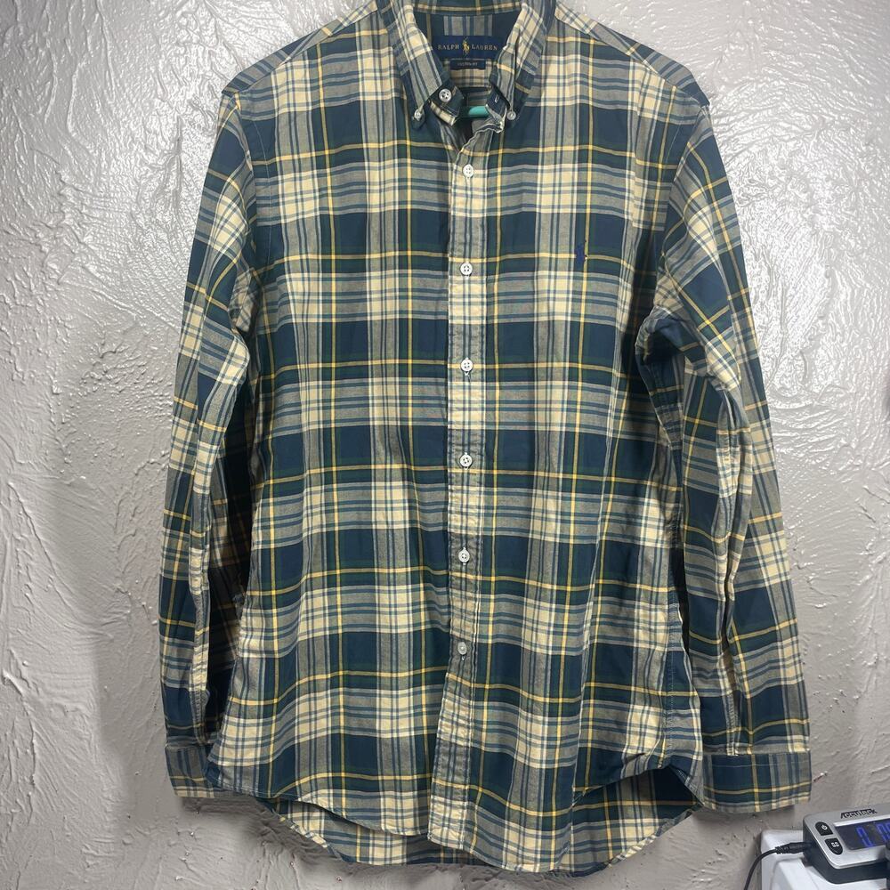 Ralph Lauren Mens Oxford Custom Fit‎ Plaid Shirt Long Sleeve Green Multi Size M